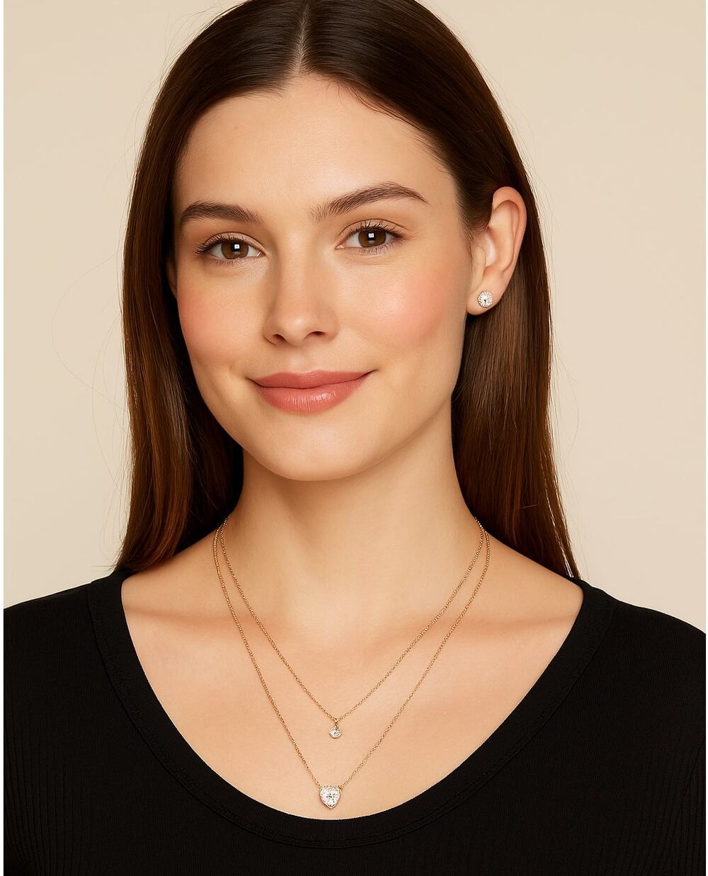 A'GACI Layered‎ Necklace Earrings Set Women Gold Tone Heart Faux Crystal Studs